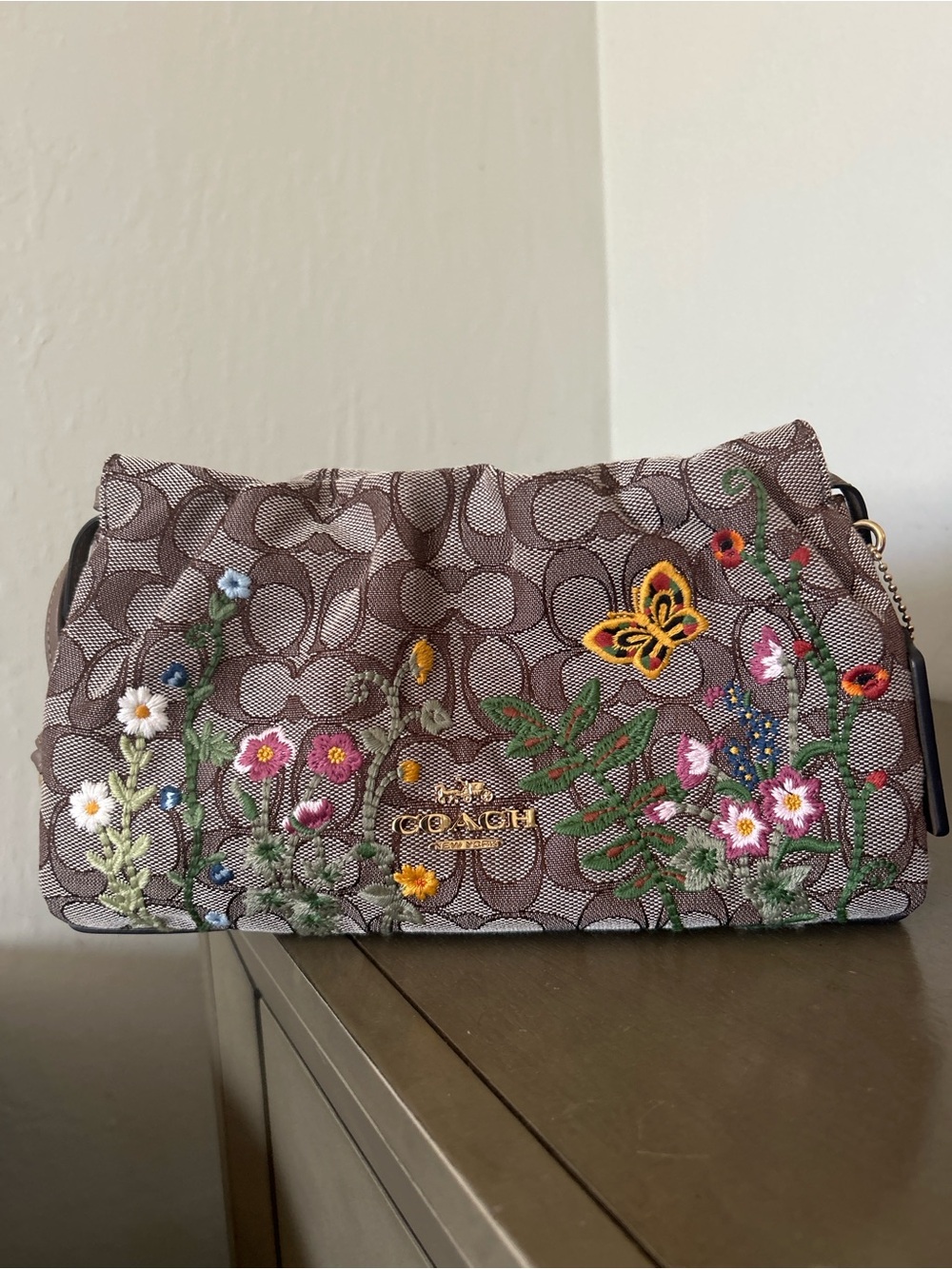 Coach Brown Signature Floral Embroidered Shoulder Bag with Multicolor Accents